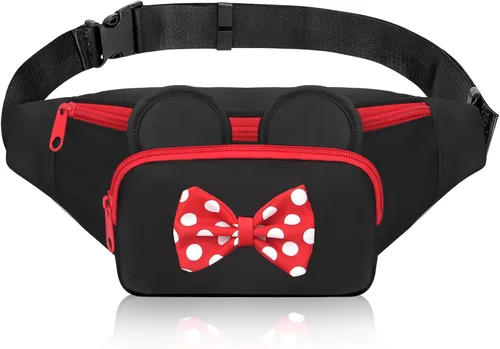 Riñonera de Minnie Mouse de Disney, linda riñonera para mujeres y niñas, senderismo y uso al aire libre, Blanco rojo, Riñonera de viaje Disney