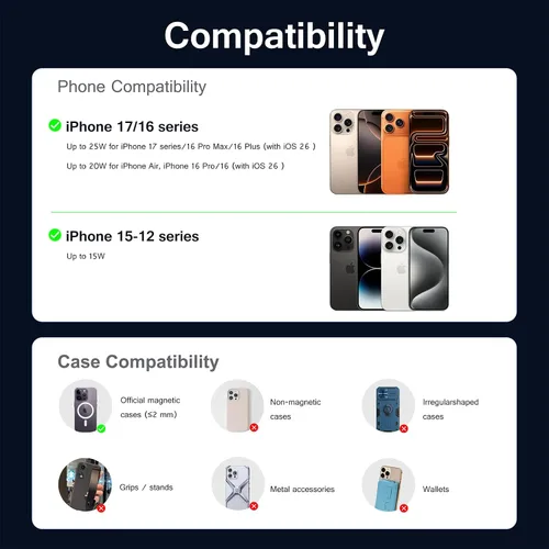Miniatura 9 de Cargador de coche inalámbrico rápido Qi2 de 25 W con ventilador de enfriamiento, soporte para teléfono con brazo largo ajustable, soporte magnético
