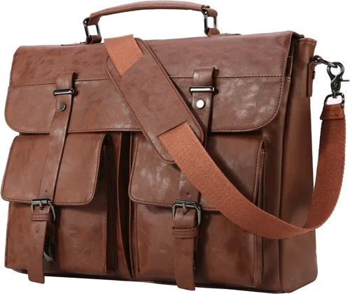 Miniatura 7 de Bolso bandolera de cuero para hombre, 14, 15.6, 17.3 pulgadas, bolso de cuero vintage para laptop, maletín, bolsa de trabajo grande