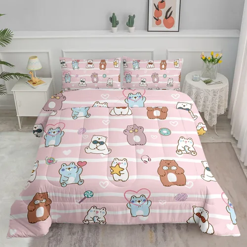 Miniatura 17 de Juego de ropa de cama Kawaii de fresa para niñas, juego de ropa de cama con patrón de cuadrícula rosa con 1 edredón y 2 fundas de almohada