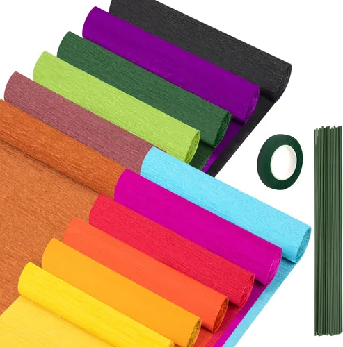 Rollos de papel crepé de 12 colores, hojas de papel crepé de 10 x 98 pulgadas de ancho con alambre floral y cintas florales verdes para