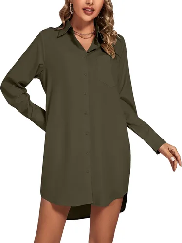 Miniatura 3 de LYANER Vestido camisero para mujer con cuello en V, botones, manga larga y dobladillo curvado