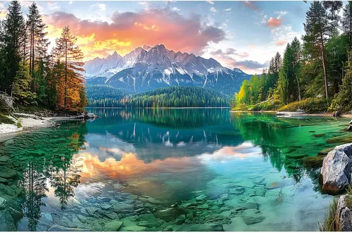 Miniatura 12 de Rompecabezas de 300 piezas para adultos: Hermosa escena de lago de montaña de otoño con cabaña junto al lago, paisaje natural y vista del porche