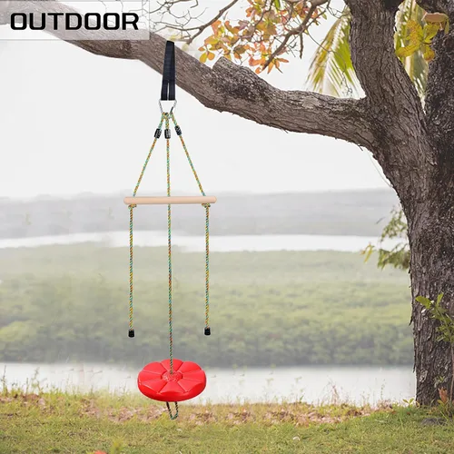 Miniatura 4 de Columpio de disco para niños, juego de columpios de árbol, accesorios de cuerda ajustable con barras de mono, 1 mosquetón, 2 correas para colgar Rojo