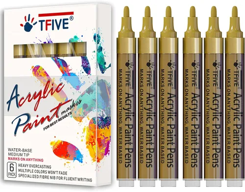 Rotuladores de pintura acrílica dorados, punta media de 0.079 a 0.118 pulgadas, paquete de 6 bolígrafos de pintura permanente a base de agua dorados