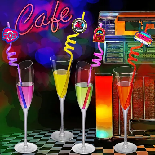 Miniatura 4 de Skyley 24 piezas de decoraciones de fiesta de los años 50, pajitas de discoteca de los años 50, pajitas retro de Sock Hop Rock Silly Straws Music