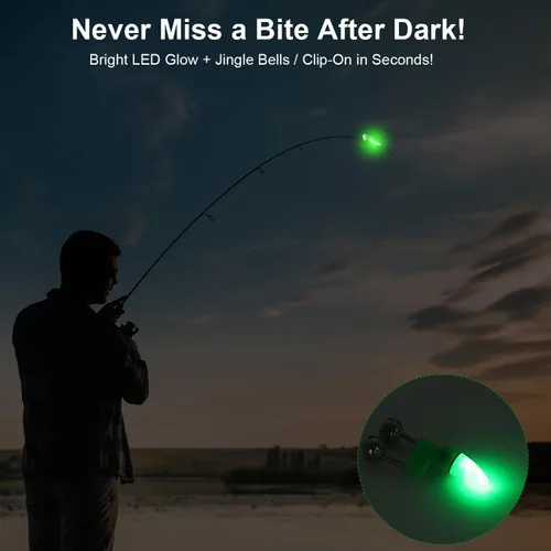 Miniatura 2 de 25 campanas de caña de pescar con luces de punta, alarmas de mordedura de pesca dobles para cañas de pesca, luces LED brillantes para pesca
