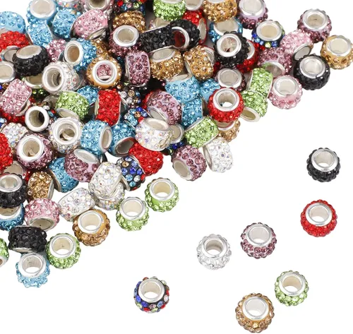 Miniatura 41 de 200 Piezas de Cuentas Espaciadoras Europeas de Agujero Grande, Cuentas de Artesanía Europeas Negras Zyehxed con Diamantes de Imitación Cuentas Negro