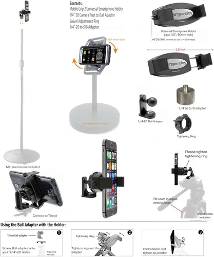 Miniatura 5 de Soporte giratorio de 360° para smartphone con adaptador de trípode de 5/8 pulgadas para todos los teléfonos inteligentes de hasta 3.6 pulgadas