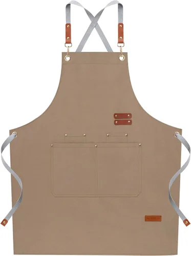 Miniatura 9 de Delantales de chef para hombres y mujeres con bolsillos grandes, lona de algodón, espalda cruzada, ajustable, para cocinar, trabajo, impermeable