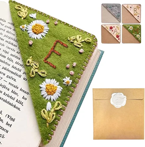 Miniatura 36 de Marcapáginas de esquina bordado a mano personalizado, 26 letras con costura a mano de fieltro, marcapáginas de esquina con bordado de flores lindo