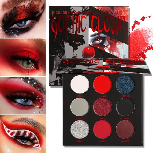 Miniatura 9 de Paleta de sombra de ojos Afflano Negro Rojo para maquillaje de Halloween de estilo gótico y payaso, paleta de sombras de ojos blancas, plateadas