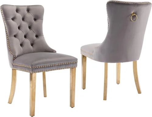 Miniatura 121 de LKTART Juego de 2 sillas de comedor de terciopelo, sillas de comedor copetudas con ribete de anillo de clavo, silla de comedor tapizada con patas