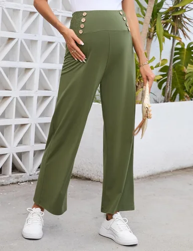 Miniatura 3 de Pantalones de maternidad para mujer, de cintura alta, con doble botonadura y pierna ancha, pantalones largos sueltos para embarazo, pantalones