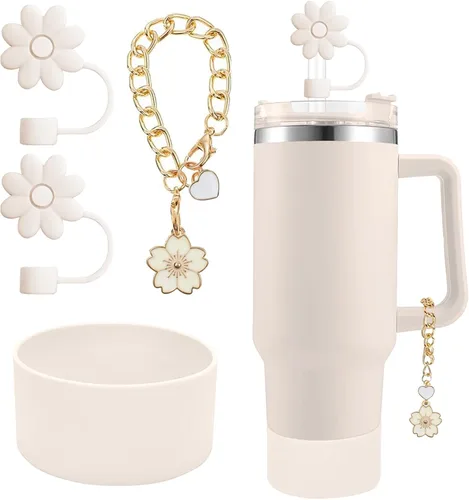 Miniatura 12 de Accesorios para juego de tazas Stanley, 2 tapas de paja de flores reutilizables de 0.394 pulgadas (0.394 in), 1 dije de mango lindo y 1 funda