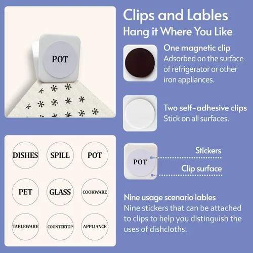 Miniatura 4 de Eulnars - Toallas de papel reutilizables, paquete de 8 paños de cocina suecos con 3 clips, negro y blanco, algodón, 200 lavados Negro Blanco