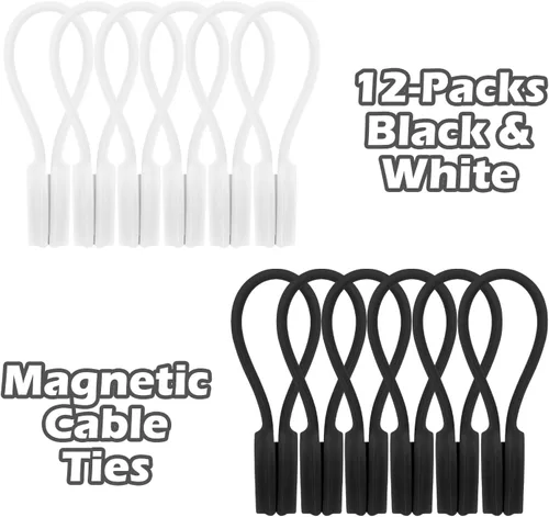 12 bridas magnéticas de silicona reutilizables, organizadores de cables, marcadores, imanes de refrigerador, correas de silicona multiusos en blanco