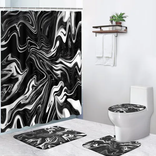 Miniatura 2 de ArtSocket Juego de cortina de ducha en blanco y negro con alfombras, juego de baño de mármol con alfombra antideslizante, cubierta para tapa