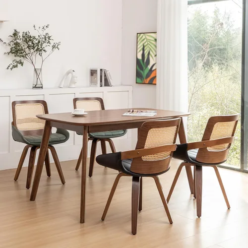 Miniatura 4 de Juego de 2 sillas de comedor de ratán verde, sillas de comedor modernas de mediados de siglo con marco de madera curvada de nogal, respaldo Nogal