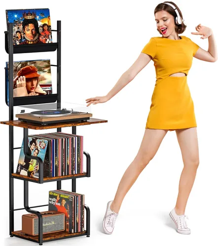 Miniatura 7 de TJ.MOREE Soporte de Reproductor de Discos con Almacenamiento de Vinilo, Mesa Alta para Reproductor de Discos con Soporte para Tocadiscos y Estante