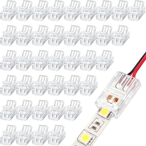 Flutesan 40 conectores de tira de luz LED RGB de 0.315 pulgadas, 2 pines, conector adaptador LED impermeable, transparente, sin soldadura, sin