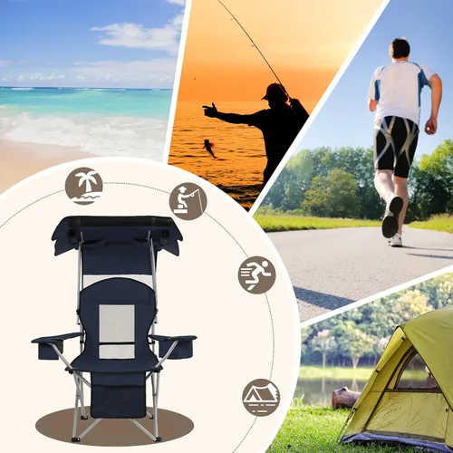 Miniatura 7 de Silla de camping BDL con toldo plegable portátil, sillas de playa con enfriador, respaldo de malla, portavasos y bolsillo para acampar, pesca, playa