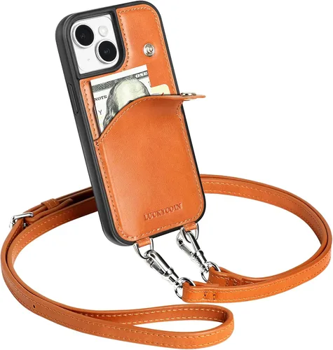 LUCKYCOIN Funda tipo cartera con correa cruzada para teléfono iPhone 13 Mini, 100% cuero genuino, funda tipo bolso para teléfono para mujeres, con