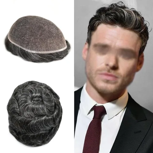 Miniatura 94 de Toupee For Men Real Human Hair System Mens Hair Piece Breathable Mens Toupee Durable Men Hairpiece 6X8#1 Jet Black 80% Density