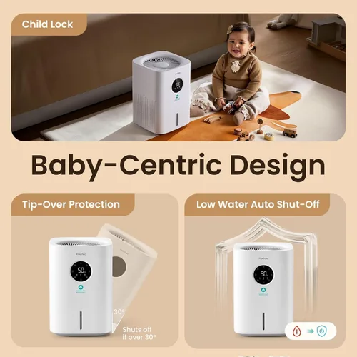 Miniatura 7 de Provirtec Humidificador evaporativo Pro Baby para dormitorio, sin niebla y sin polvo blanco, sin BPA y 16 dB, sueño silencioso para niños, 3 modos
