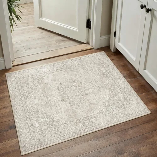 PureCozy Alfombra de área beige de 2 x 3 pulgadas, lavable, vintage, pequeña, para entrada, cocina, suave, retro, floral, de pelo bajo, tapete