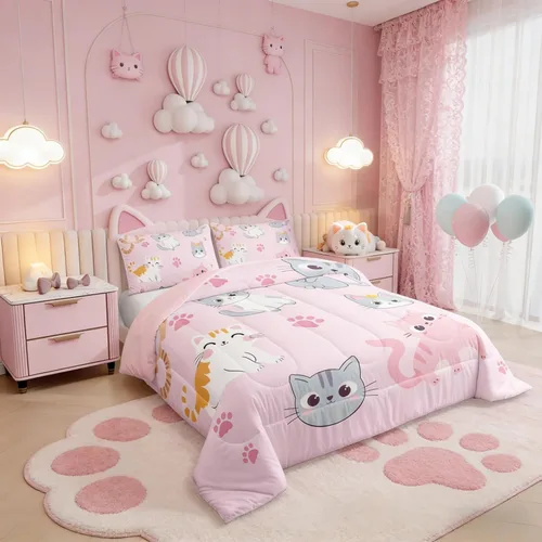 Miniatura 2 de Erosebridal - Juego de edredón para niños tamaño individual con diseño de gatos coloridos; juego de ropa de cama para niñas estilo Kawaii, Patrón 38