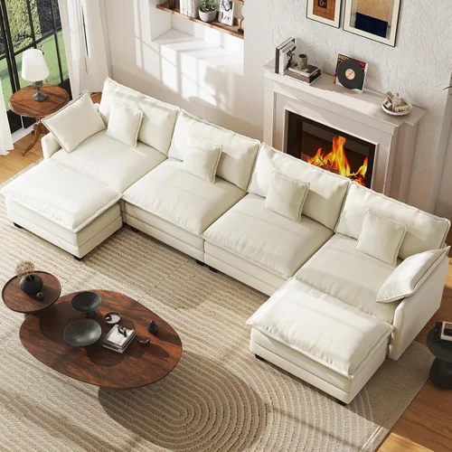 Miniatura 21 de WorthFurni Sofá Seccional Modular de 111.4", Sofá de Nube en Forma de U con 2 Otomanas Móviles, Cómodo Sofá de Chenille de Asiento Profundo