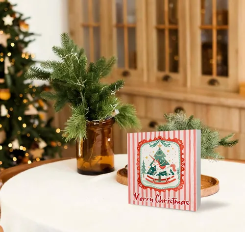 Miniatura 2 de KEUSPI Cartel de madera rústica rosa con texto en inglés "Merry Christmas", decoración de escritorio de Navidad preparada, árbol de Navidad, caballo