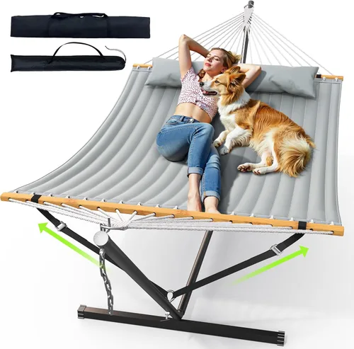 Miniatura 8 de ANAGOO Hamaca doble con soporte, hamaca de exterior resistente para dos, capacidad de 500 libras, marco de acero estable con correa de equilibrio