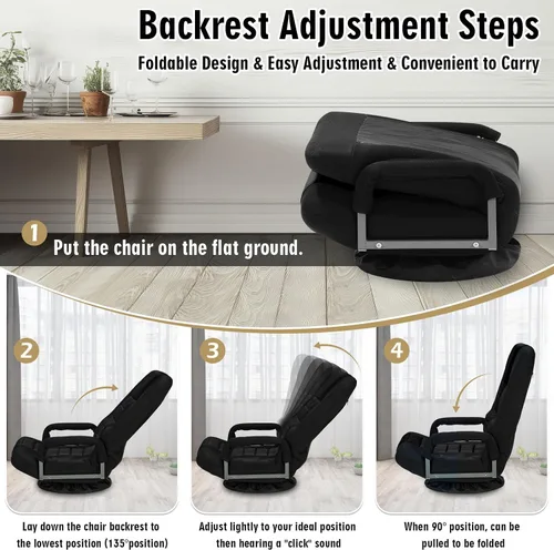Miniatura 8 de Silla de juegos giratoria de piso con reposabrazos, sofá reclinable plegable de video con 6 posiciones ajustables, respaldo acolchado y cojín, sofá