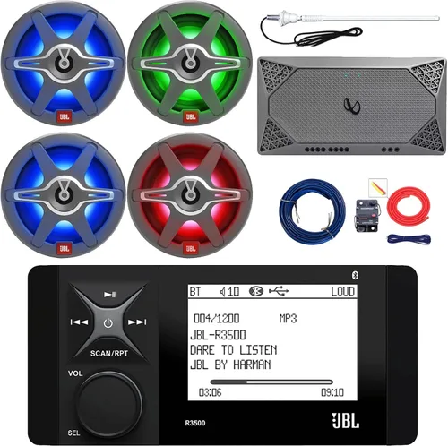Paquete de receptor de medios digitales estéreo de radio AM/FM Bluetooth marino con 4 altavoces LED RGB de 2 vías de 6.5 225 W, amplificador