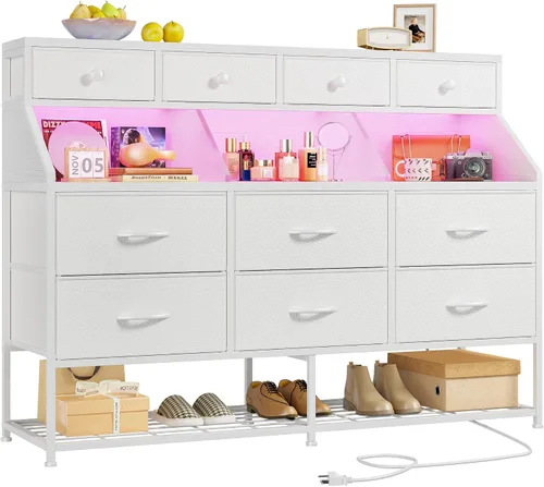 Miniatura 9 de EnHomee Cómoda para dormitorio con 10 cajones y zapatero de tela con luces LED y tomas de corriente, tocador de dormitorio para entrada, pasillo
