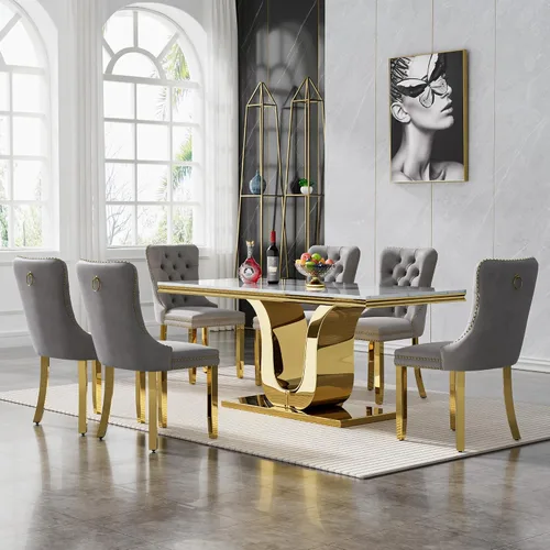 Miniatura 6 de SSLine Mesa de comedor moderna para mesa de cocina de mármol sintético de 6,70 pulgadas, mesa de comedor rectangular para muebles de cocina
