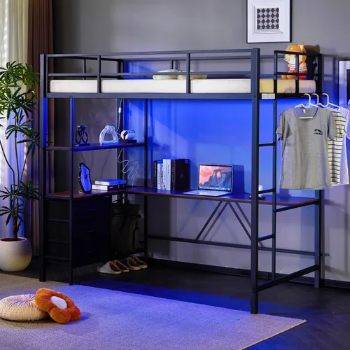 Miniatura 12 de VINGLI - Estructura de cama alta de metal de tamaño individual para niños, adolescentes y adultos con escritorio debajo, 2 estaciones de carga