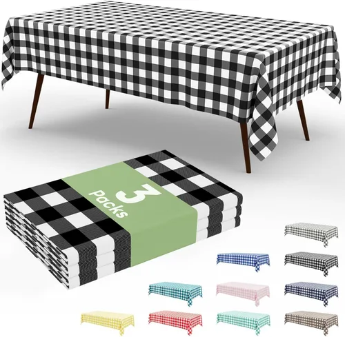 Miniatura 65 de Smiry Paquete de 3 Manteles Desechables de Cuadros Gingham Color Caqui - 54" x 72" Mantel de Plástico de Servicio Pesado, Cubiertas de Mesa