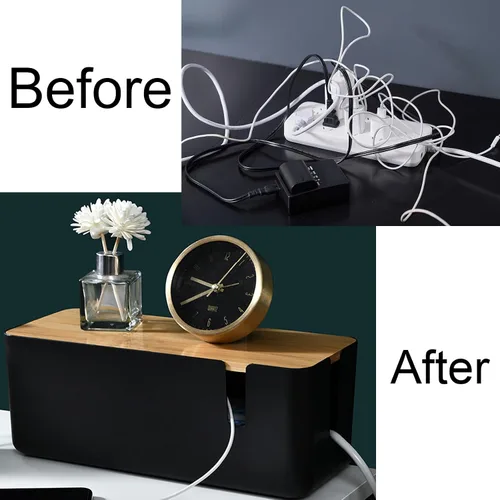 Miniatura 7 de Changsuo Caja de organización de cables con tapa de bambú, pequeña caja organizadora de cables para cable de extensión, protector de sobretensiones