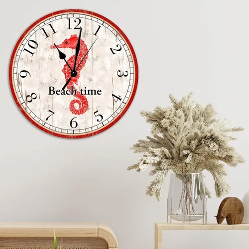 Miniatura 5 de Reloj de pared decorativo de madera con caballito de mar rojo, reloj de pared de madera de caballito de mar de playa, reloj de pared de cuarzo