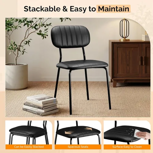 Miniatura 4 de VINGLI Juego de 2 sillas de comedor apilables, asiento acolchado de poliuretano con marco de metal, silla apilable para el hogar, cocina, oficina