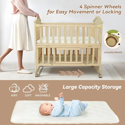 Miniatura 7 de Flwrgirl Cuna Mini Portátil para Bebé - Cunas para Bebes con Estante Cambiador y Colchón Incluido, Moisés para Bebé de Madera con Ruedas 2025