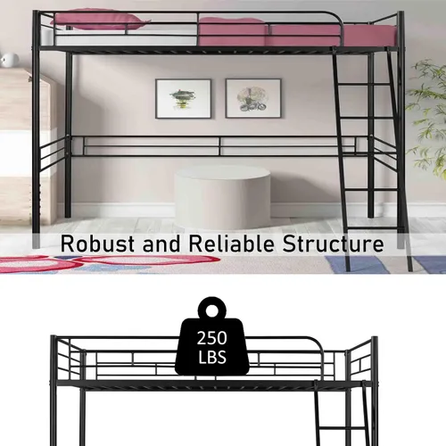 Miniatura 4 de Base de cama de metal tipo loft con escalera y barandilla de seguridad, marco de cama moderno de plataforma individual con espacio debajo de la cama