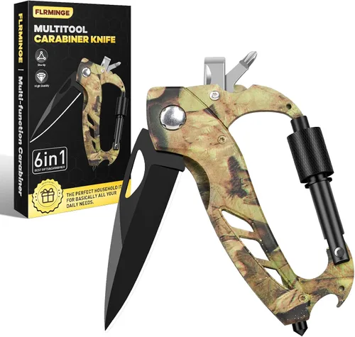 Miniatura 9 de Herramienta múltiple con mosquetón con cuchillo de bolsillo, equipo de supervivencia para camping y senderismo, llavero con mosquetones EDC