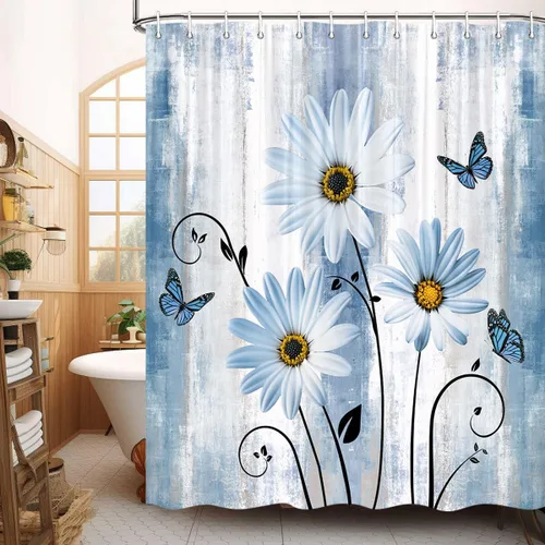Miniatura 31 de JAWO Cortina de ducha con diseño floral de margaritas azules, cortina de ducha rústica de granja y mariposa en el campo, juego de cortinas de ducha