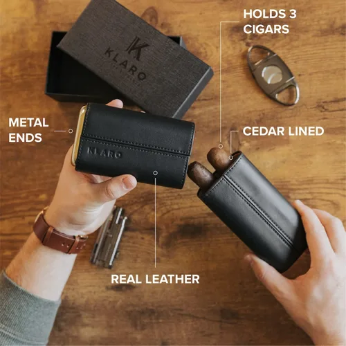 Miniatura 6 de CASE ELEGANCE Funda protectora de viaje premium de 3 puros, cuero negro auténtico de grano superior, forrado de cedro con tapas de metal dorado