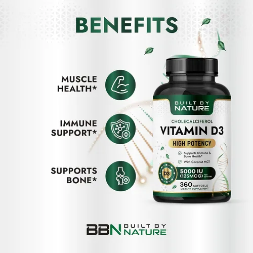 Miniatura 2 de Built by Nature Suplemento de vitamina D3 de 5000 UI, 360 mini cápsulas blandas Con aceite de coco MCT, alta absorción, fácil de tragar