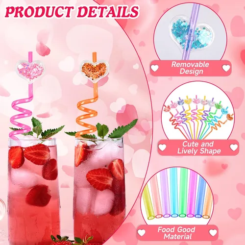 Miniatura 3 de JANYUN Pajitas, 20 popotes de plástico reutilizables con forma de corazón, regalos para fiestas, popotes con purpurina, regalos para niños, premios